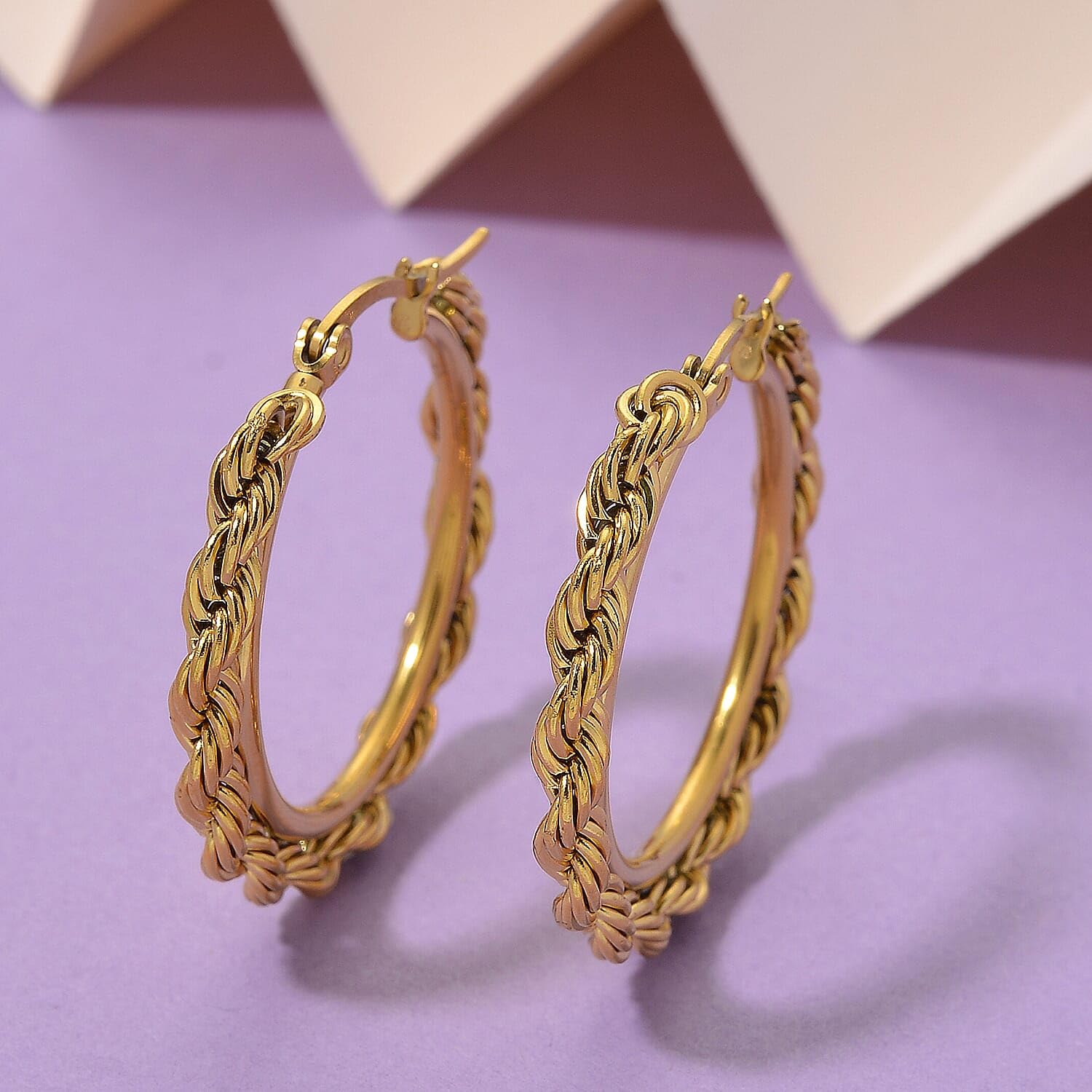 Shop LC Rope Chain Hoop Earrings in ION Plated Yellow Gold Stainless Steel - Image 2