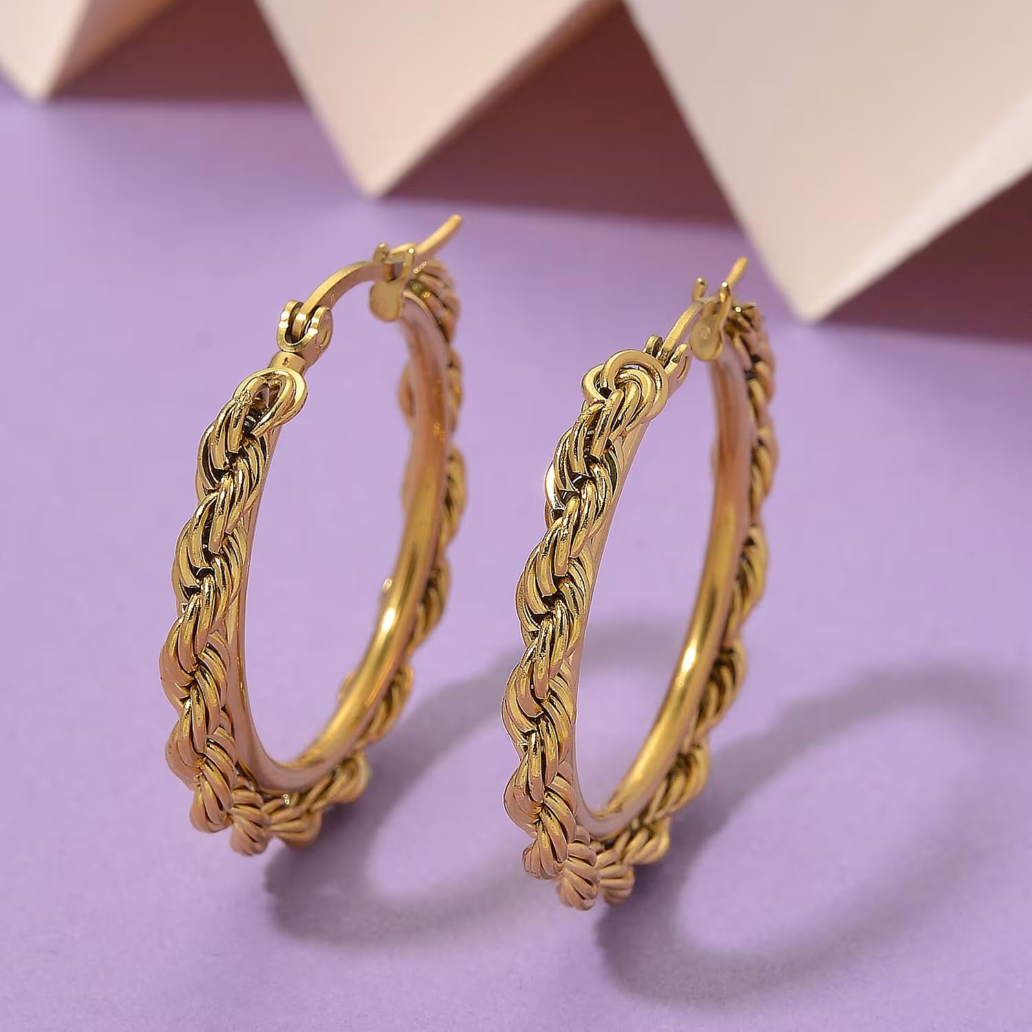 Shop LC Rope Chain Hoop Earrings in ION Plated Yellow Gold Stainless Steel - Image 4
