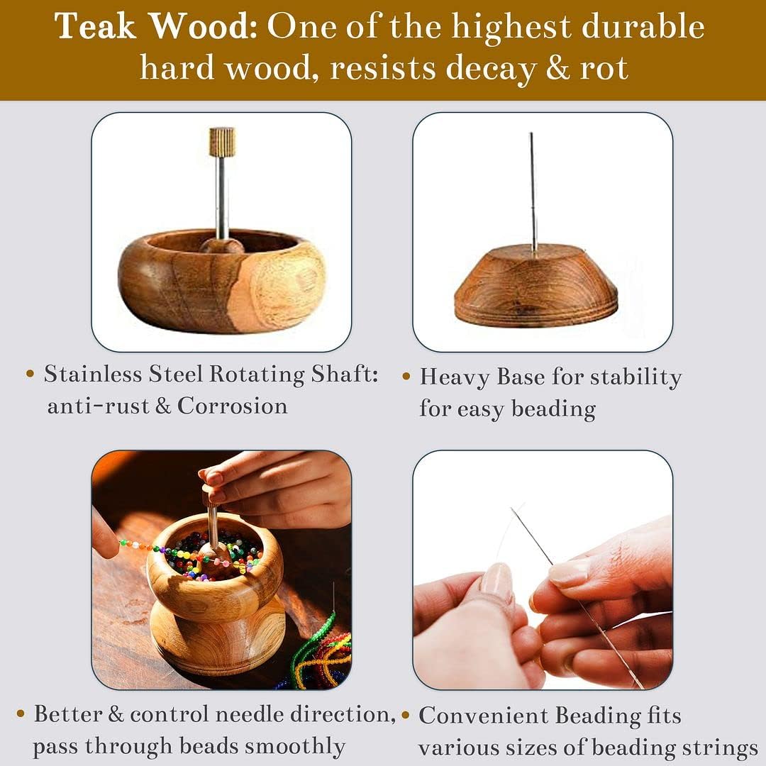 Shop LC Seed Bead Spinner for Bracelet Making Kit - Clay Beads Spinner with Big Eye Beading Needle and 3 Meter Long Thread Wooden Crafting Valentines Day Gifts for Womens - Teak Wood - Image 5