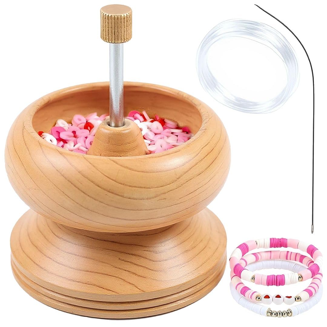 SHOP LC DELIVERING JOY Seed Bead Spinner for Jewelry Making Kit - Clay Bead Spinner with Big Eye Beading Needle & 3 Meter Wire - Necklace Bracelet Maker Wooden - Birthday Gifts - Pinewood