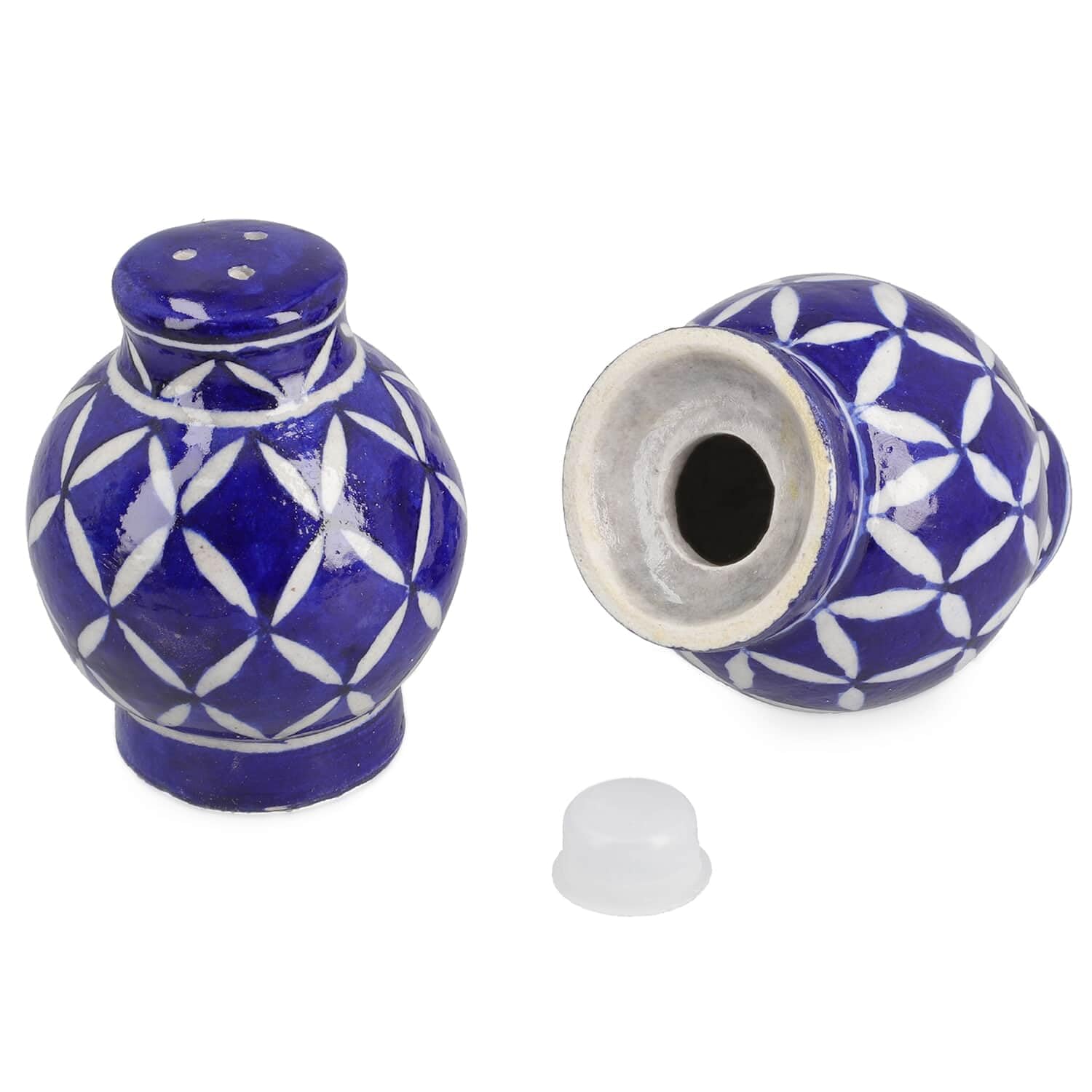 Shop LC Set of 2 Blue Color Pottery Hand Painted Chevron Pattern Salt And Pepper Dispenser Set Christmas Gifts - Image 5