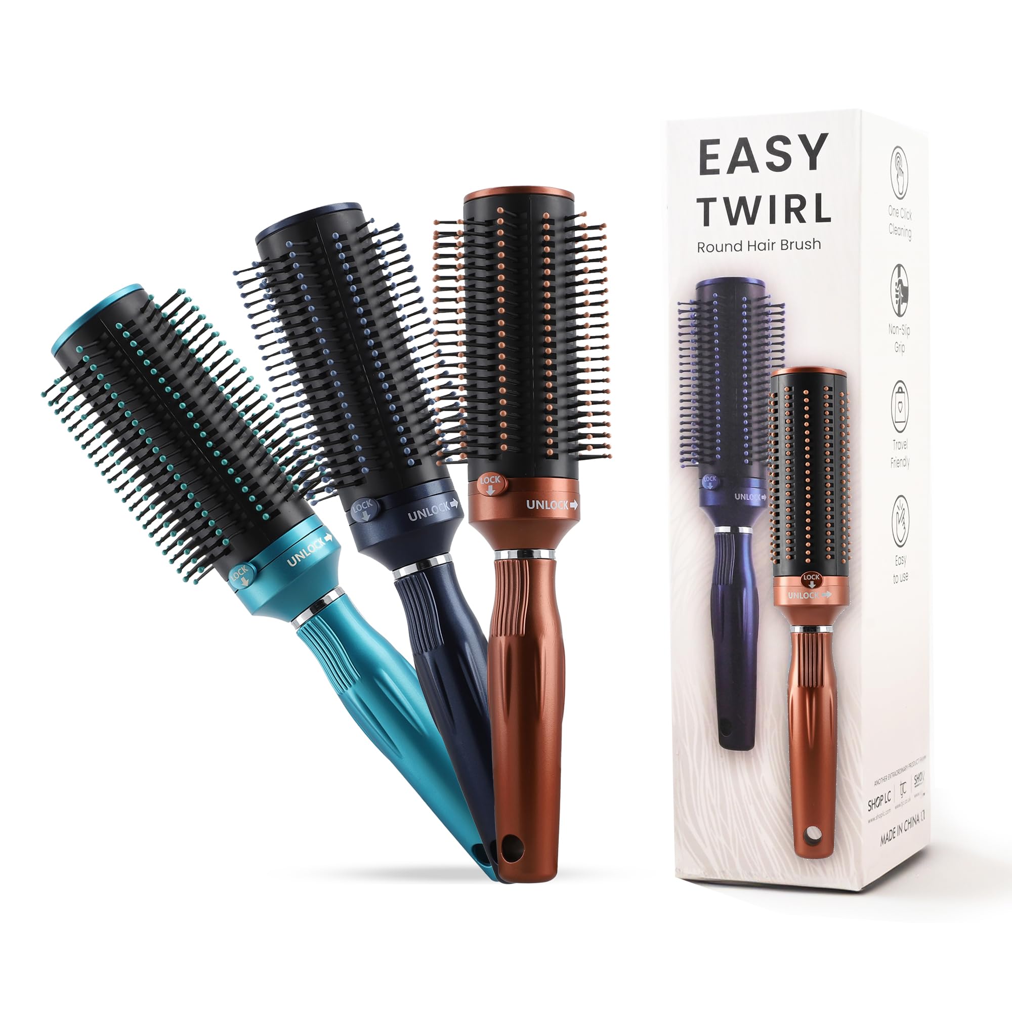 Shop LC Set of 3 Self Cleaning Hair Brush Comb - Detangler Brush Round Brush for Blow Out - Easy Clean Roller Hair Brushes Gifts for Women Men