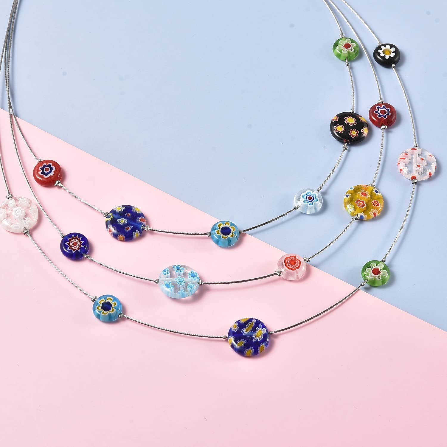 Shop LC Stainless Steel Murano Millefiori Glass Chain Pendant Necklace Costume Promise Stylish Fashion Delicate Gifts for Women Jewelry for Women - Image 4