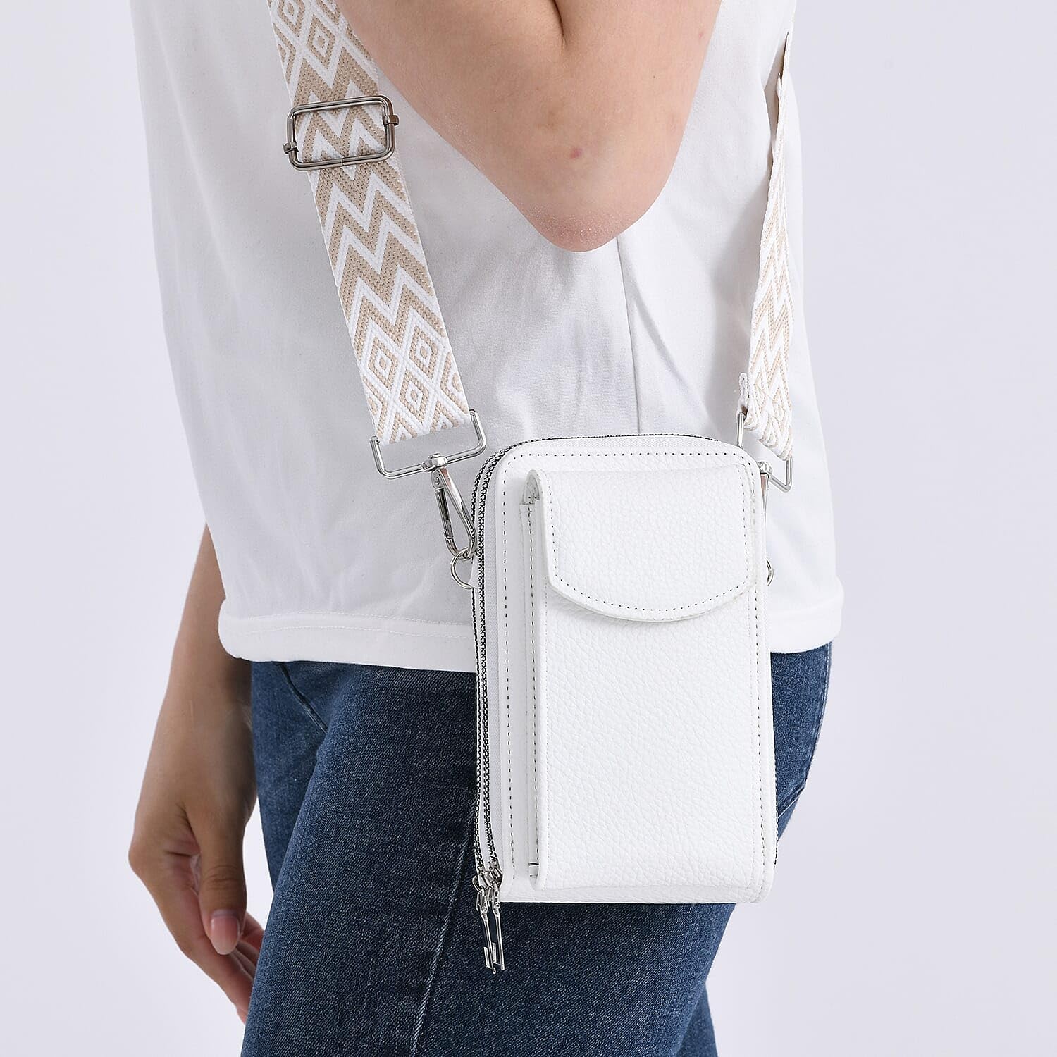 Shop LC White Litchi Embossed Faux Leather Crossbody Bag with Woven Shoulder Strap - Image 4