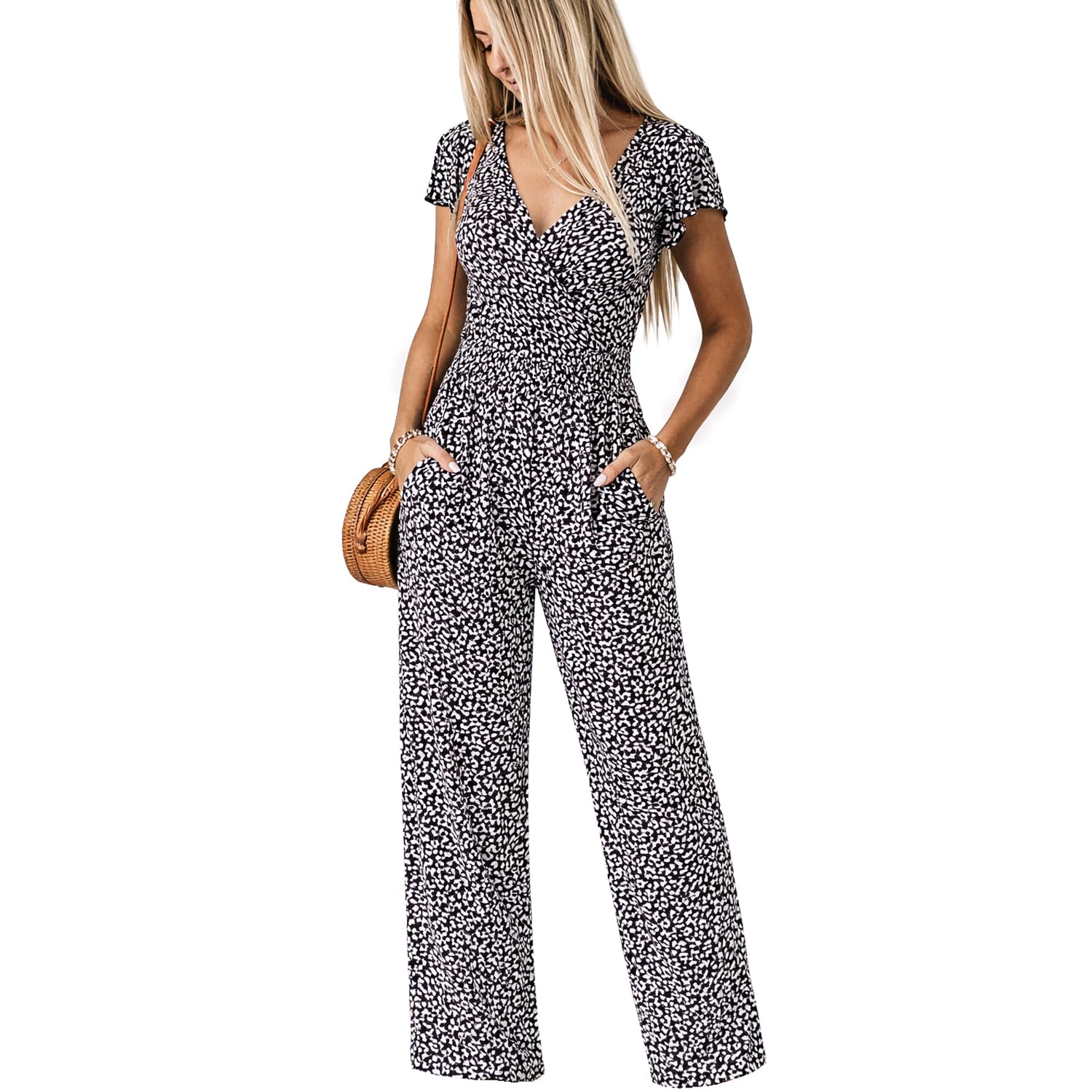 Shop LC Women's Casual Loose Overalls Jumpsuits for Women One Piece Flutter Sleeve Printed Rompers With Pockets Gifts