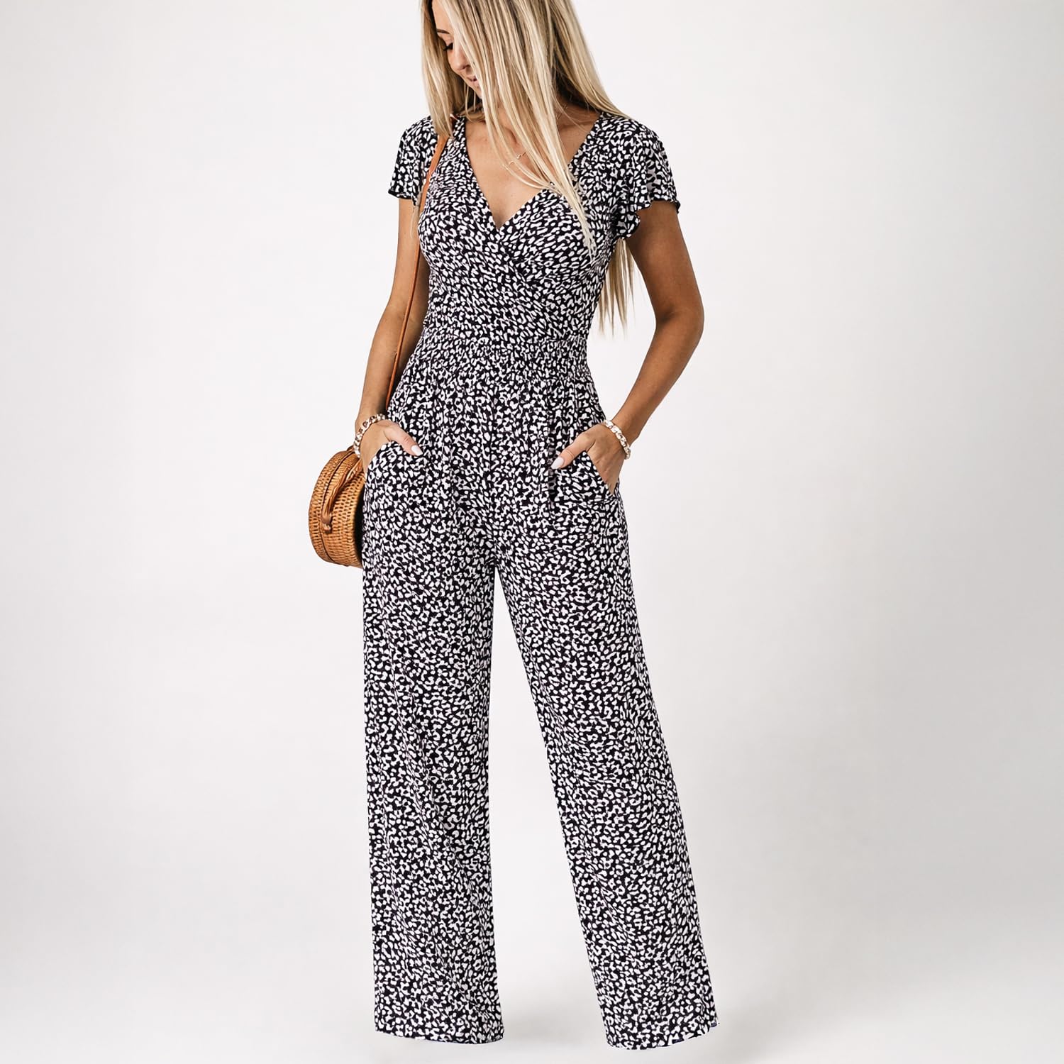 Shop LC Women's Casual Loose Overalls Jumpsuits for Women One Piece Flutter Sleeve Printed Rompers With Pockets Gifts - Image 2