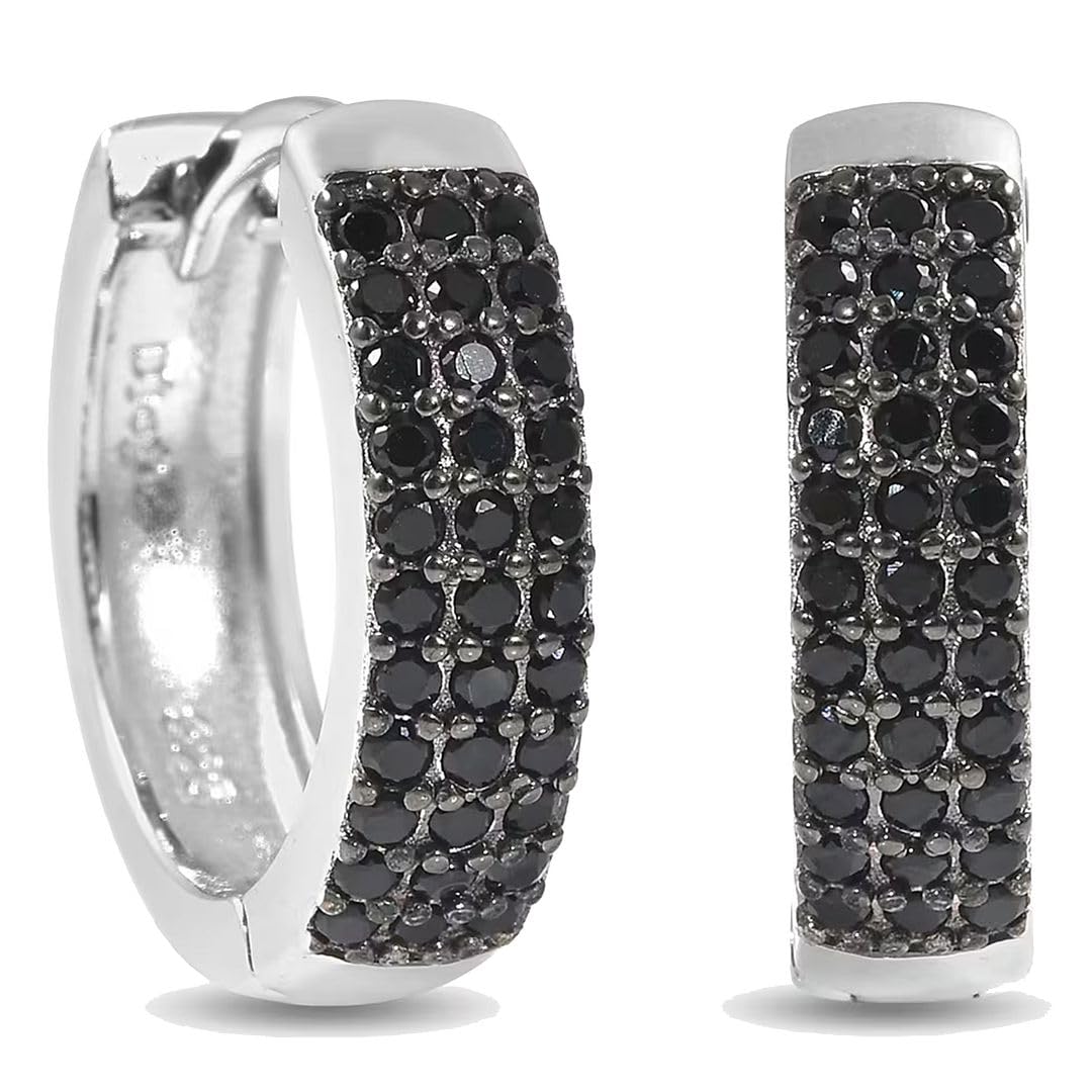 Spinel Hoop Black Earrings for Women in 925 Sterling Silver Huggie Hoops for Mom - Cute Unique Gemstone Birthstone Spinel Jewelry - Anniversary Engagement Christmas Gifts for Her