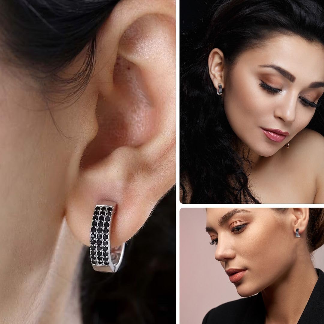 Spinel Hoop Black Earrings for Women in 925 Sterling Silver Huggie Hoops for Mom - Cute Unique Gemstone Birthstone Spinel Jewelry - Anniversary Engagement Christmas Gifts for Her - Image 2