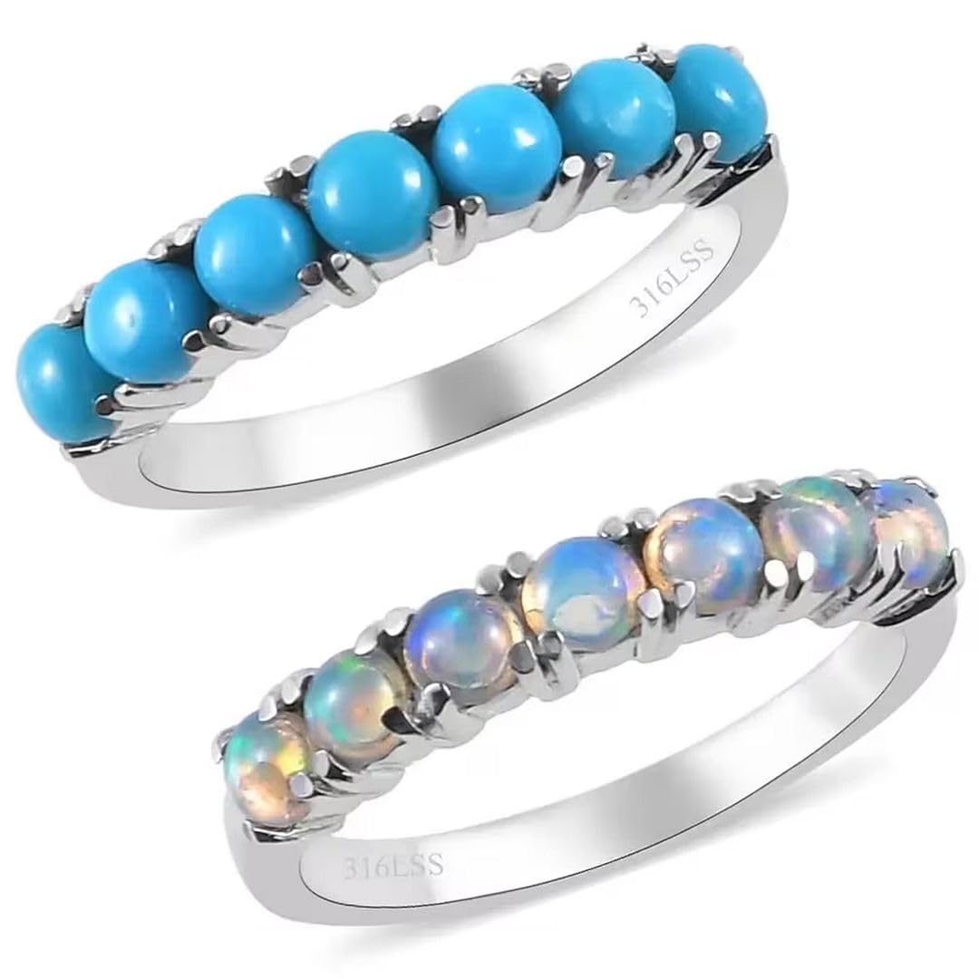 Stackable Turquoise Ring & Opal Ring Set of 2 Stackable Rings for Women Set - Boho Western Band Promise Stainless Steel Turquoise Jewelry for Women - Christmas Gifts for Her- 1.30 ctw