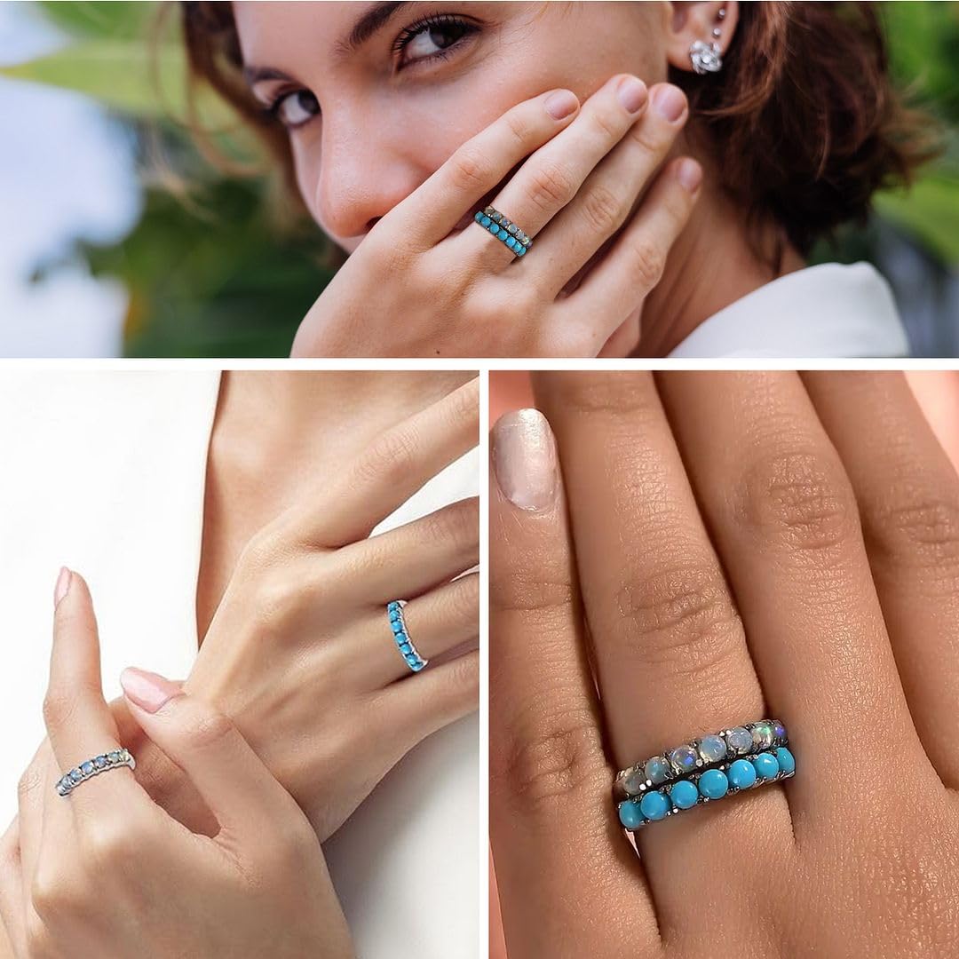 Stackable Turquoise Ring & Opal Ring Set of 2 Stackable Rings for Women Set - Boho Western Band Promise Stainless Steel Turquoise Jewelry for Women - Christmas Gifts for Her- 1.30 ctw - Image 2