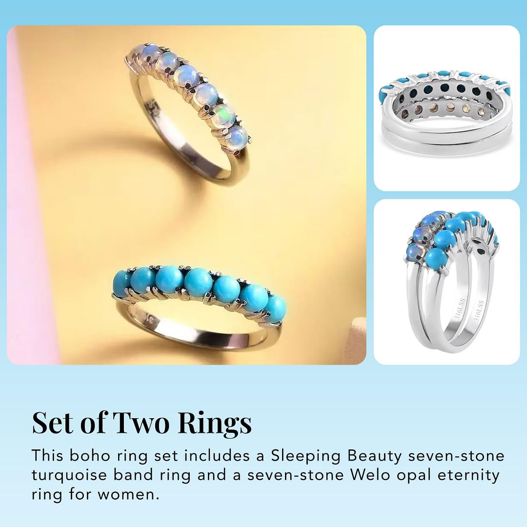 Stackable Turquoise Ring & Opal Ring Set of 2 Stackable Rings for Women Set - Boho Western Band Promise Stainless Steel Turquoise Jewelry for Women - Christmas Gifts for Her- 1.30 ctw - Image 3