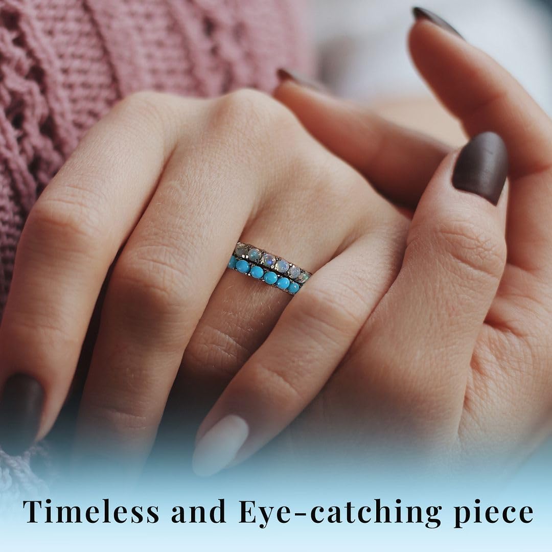 Stackable Turquoise Ring & Opal Ring Set of 2 Stackable Rings for Women Set - Boho Western Band Promise Stainless Steel Turquoise Jewelry for Women - Christmas Gifts for Her- 1.30 ctw - Image 6
