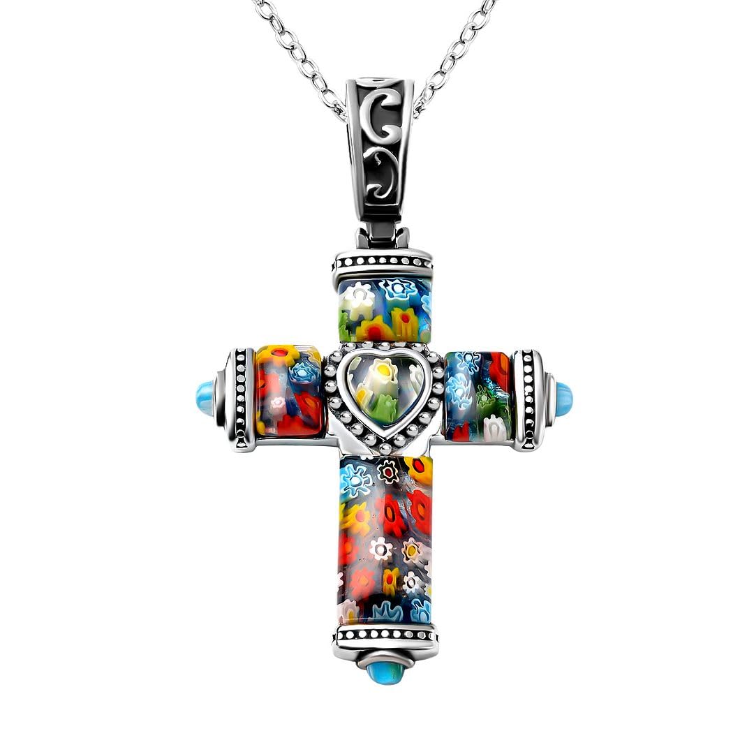 Stainless Steel Cross Necklace for Women 20" - Colorful Rainbow Murano Style Millefiori Glass Cross Chain for Men - Celtic Religious Christian Jewelry for Her Birthday Christmas Gifts