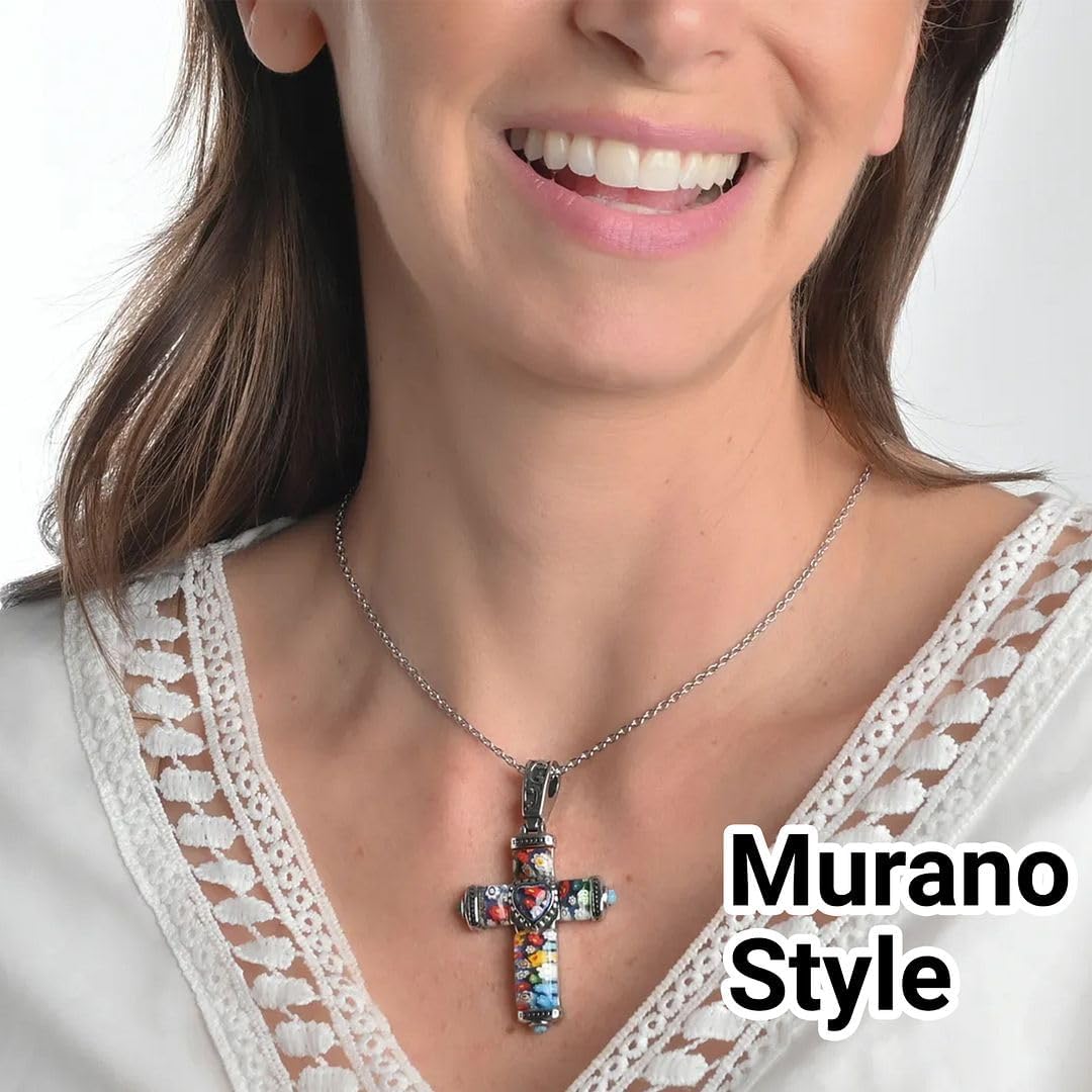 Stainless Steel Cross Necklace for Women 20" - Colorful Rainbow Murano Style Millefiori Glass Cross Chain for Men - Celtic Religious Christian Jewelry for Her Birthday Christmas Gifts - Image 2