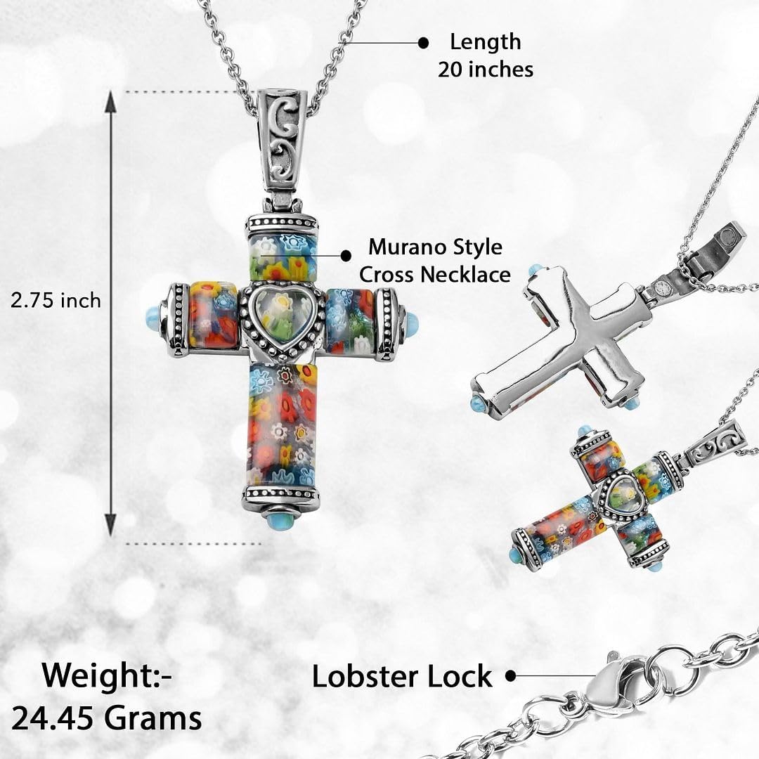 Stainless Steel Cross Necklace for Women 20" - Colorful Rainbow Murano Style Millefiori Glass Cross Chain for Men - Celtic Religious Christian Jewelry for Her Birthday Christmas Gifts - Image 3