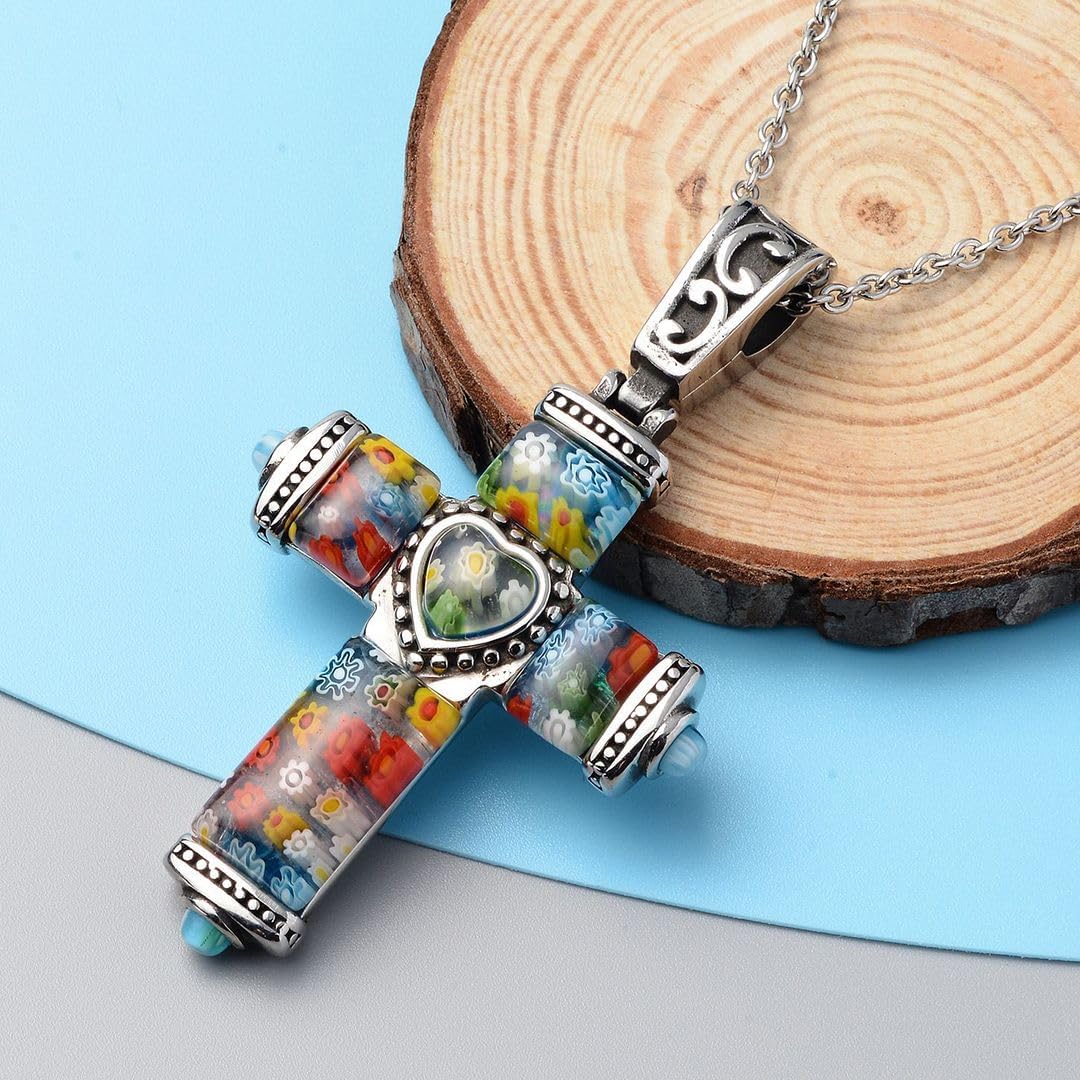 Stainless Steel Cross Necklace for Women 20" - Colorful Rainbow Murano Style Millefiori Glass Cross Chain for Men - Celtic Religious Christian Jewelry for Her Birthday Christmas Gifts - Image 4