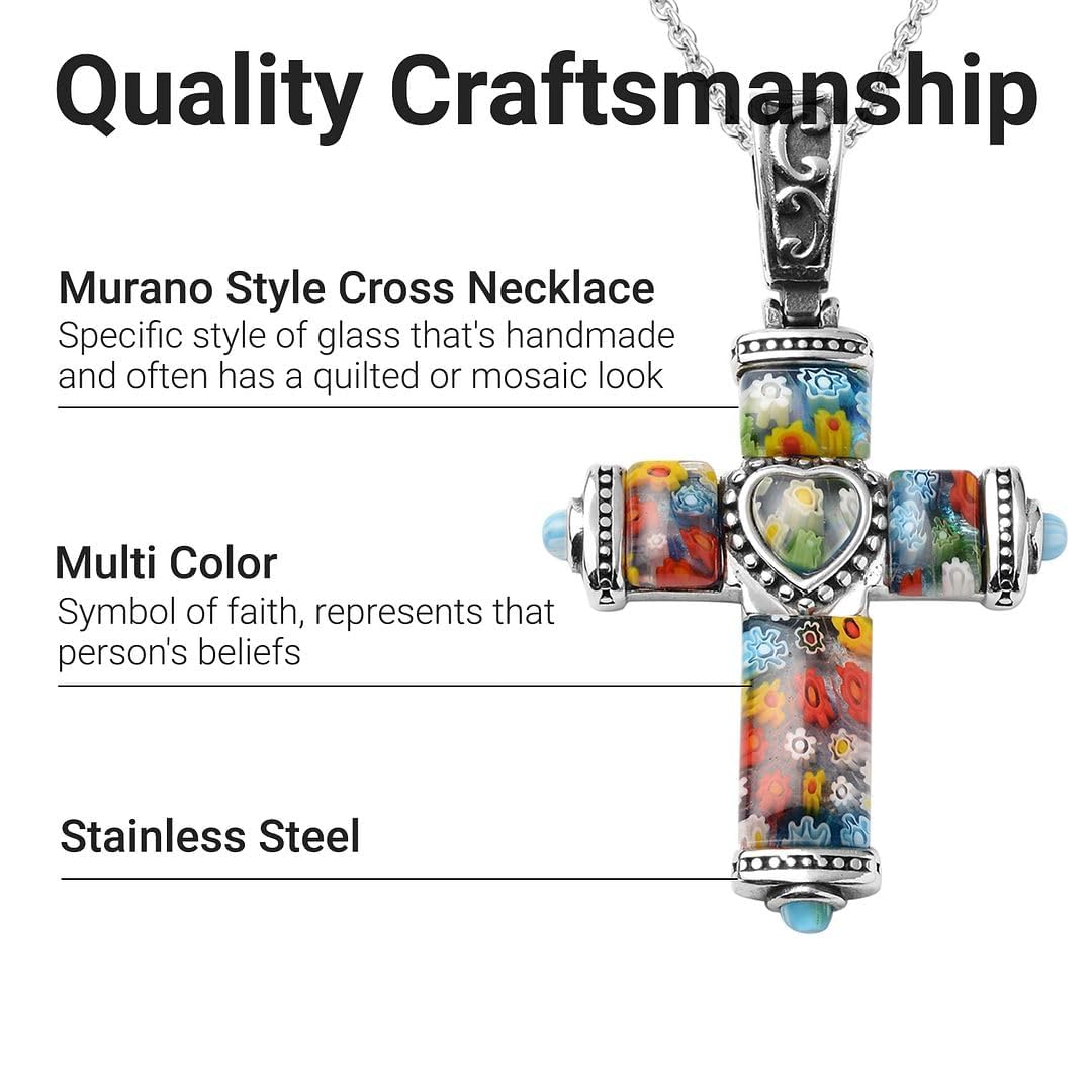 Stainless Steel Cross Necklace for Women 20" - Colorful Rainbow Murano Style Millefiori Glass Cross Chain for Men - Celtic Religious Christian Jewelry for Her Birthday Christmas Gifts - Image 5