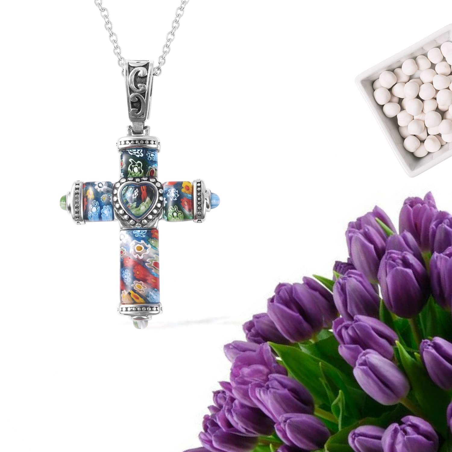 Stainless Steel Cross Necklace for Women 20" - Colorful Rainbow Murano Style Millefiori Glass Cross Chain for Men - Celtic Religious Christian Jewelry for Her Birthday Christmas Gifts - Image 8