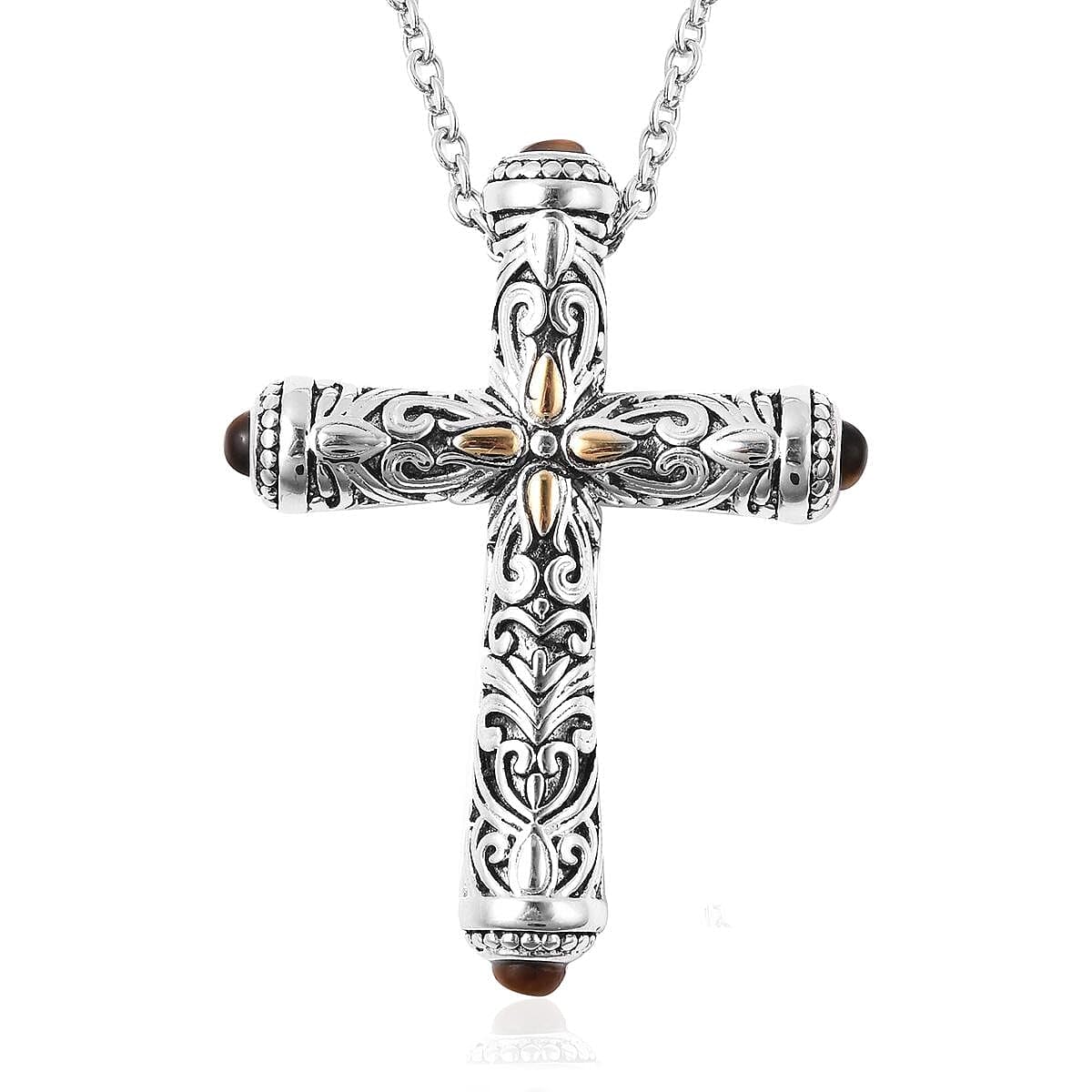 Stainless Steel Cross Necklace for Women 20" with Gold ION Plated and Tigers Eye Stone Cross Chain for Men - Celtic Faith Religious Christian Jewelry for Her Anniversary Birthday Christmas Gifts