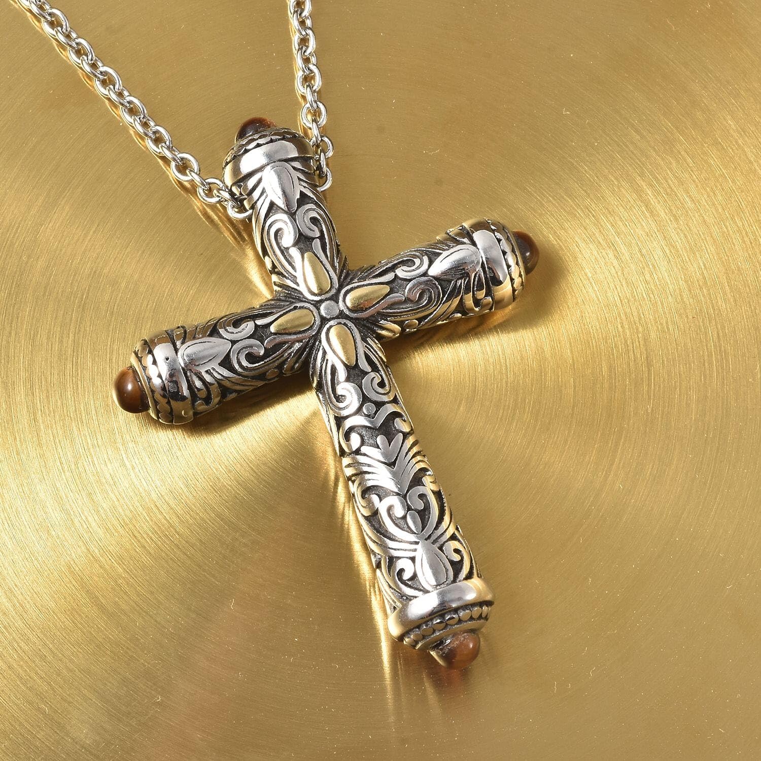 Stainless Steel Cross Necklace for Women 20" with Gold ION Plated and Tigers Eye Stone Cross Chain for Men - Celtic Faith Religious Christian Jewelry for Her Anniversary Birthday Christmas Gifts - Image 2
