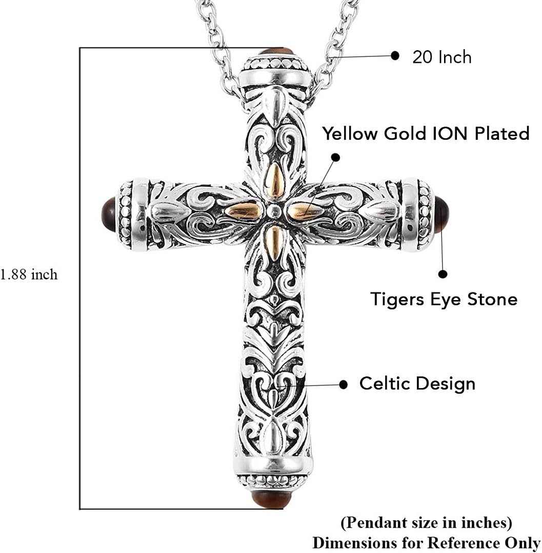 Stainless Steel Cross Necklace for Women 20" with Gold ION Plated and Tigers Eye Stone Cross Chain for Men - Celtic Faith Religious Christian Jewelry for Her Anniversary Birthday Christmas Gifts - Image 4
