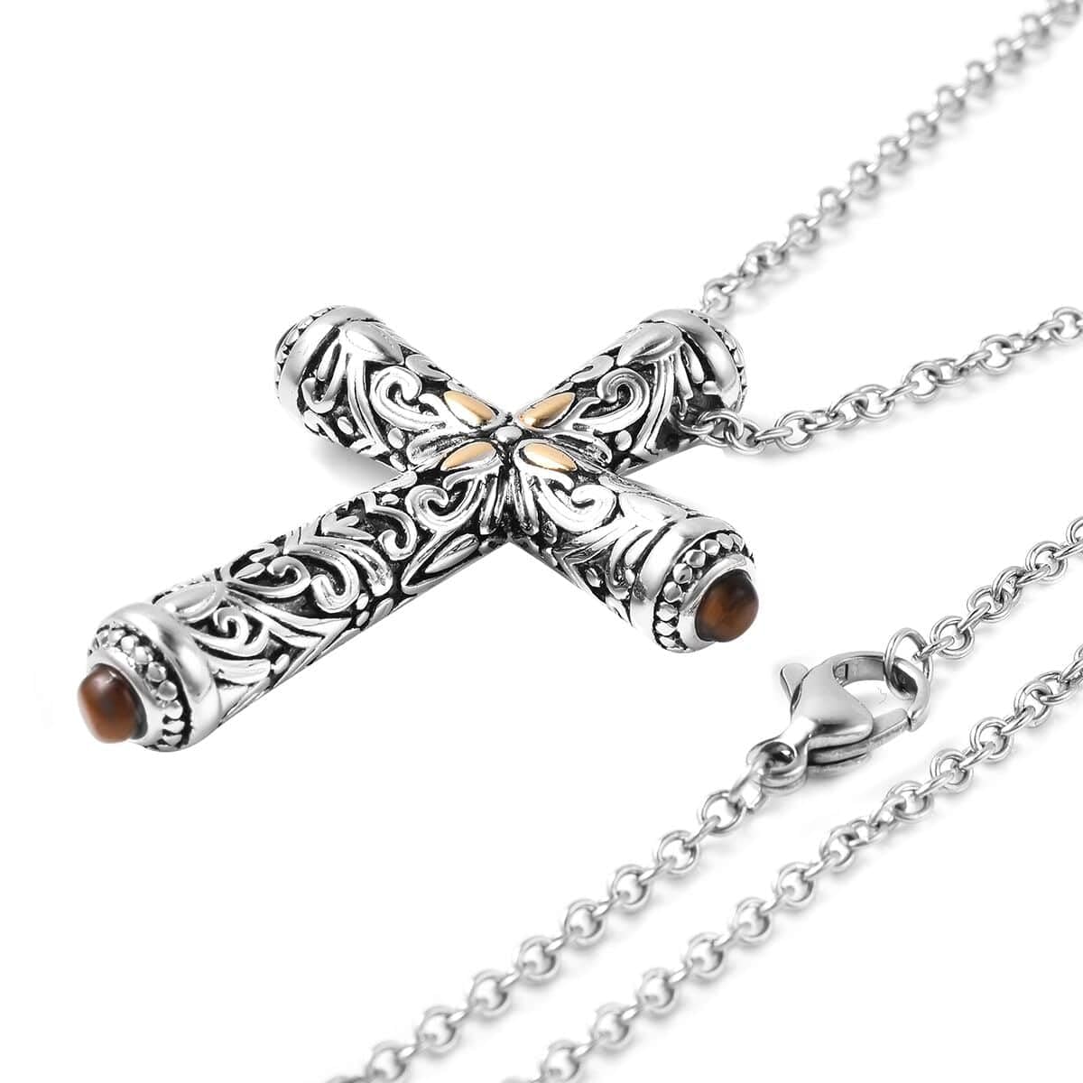 Stainless Steel Cross Necklace for Women 20" with Gold ION Plated and Tigers Eye Stone Cross Chain for Men - Celtic Faith Religious Christian Jewelry for Her Anniversary Birthday Christmas Gifts - Image 5