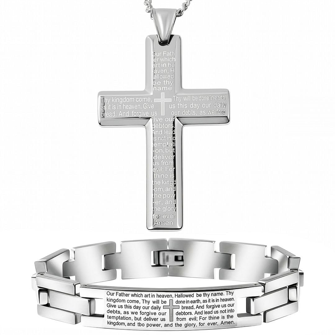Stainless Steel Cross Necklace Pendant Bracelet - Costume Jewelry Set for Women Necklaces Size 24 Inches Catholic Faith Religious Christian Jewelry - Anniversary Birthday Christmas Gifts for Women