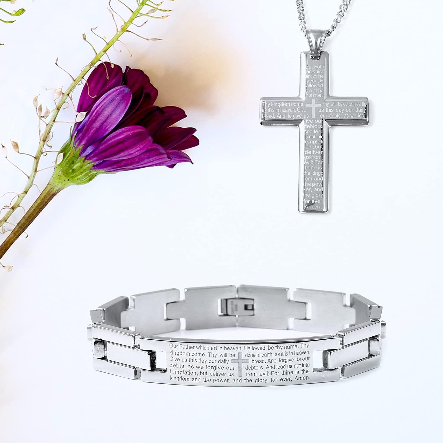 Stainless Steel Cross Necklace Pendant Bracelet - Costume Jewelry Set for Women Necklaces Size 24 Inches Catholic Faith Religious Christian Jewelry - Anniversary Birthday Christmas Gifts for Women - Image 2