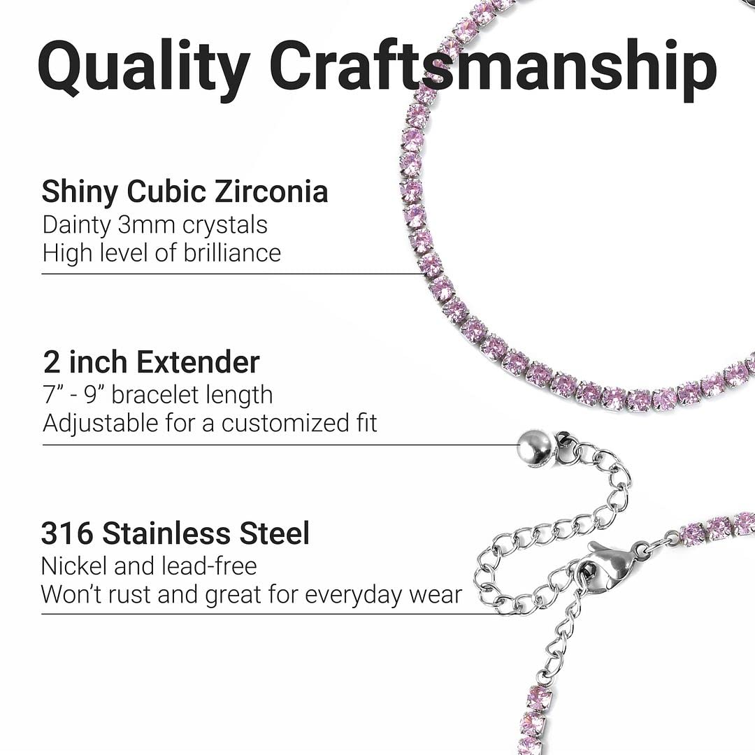Stainless Steel Tennis Bracelet - Adjustable Cubic Zirconia Bracelet for Women - Dainty White, Pink & Orange CZ Bridal Bracelets - 6.5" Length with a 2" ExtenderJewelry Birthday Christmas Gifts - Image 3