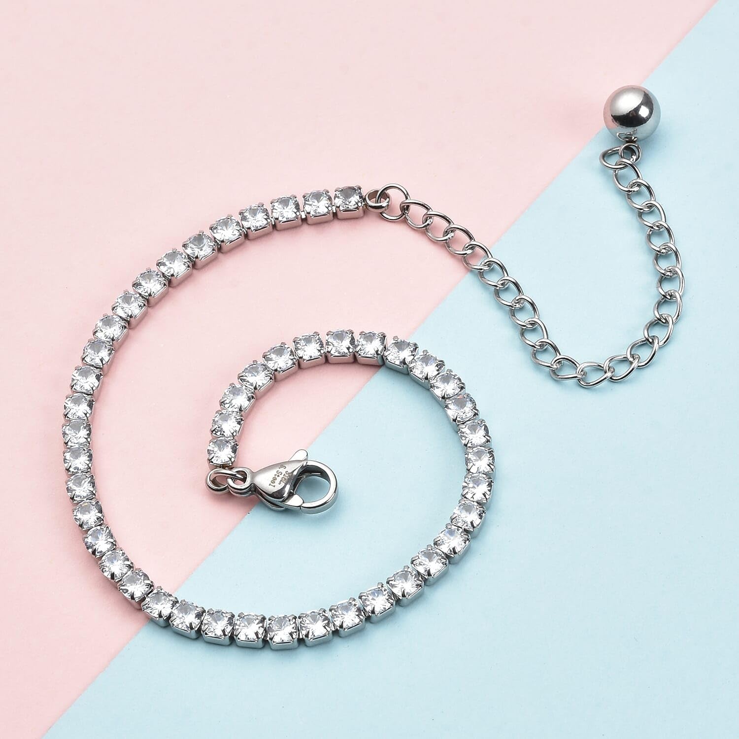 Stainless Steel Tennis Bracelet - Adjustable Cubic Zirconia Bracelet for Women - Dainty CZ Crystal Bridal Bracelets - 7" Length with a 2" Extender Costume Jewelry for Women Christmas Gifts - Image 2