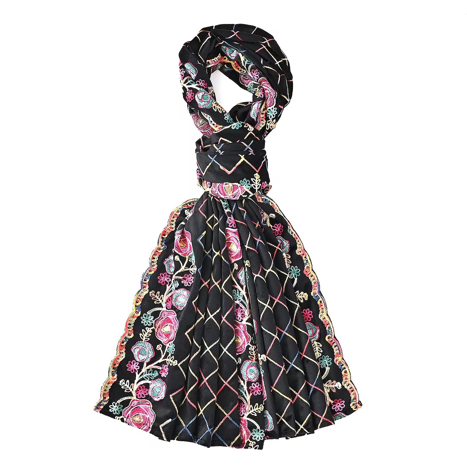 TAMSY Black Rose Floral Embroidered Polyester Scarf - One Size