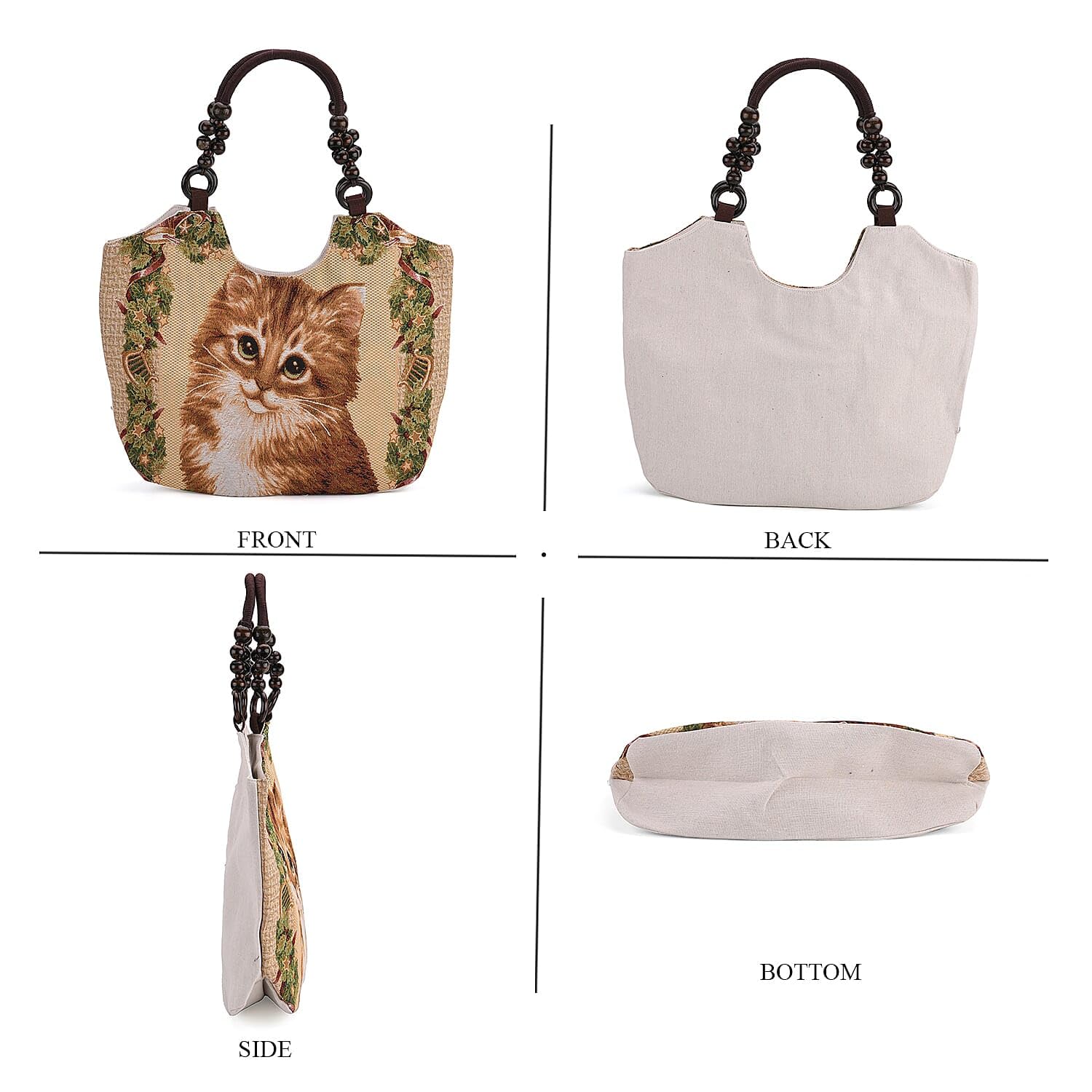 TAMSY Cat Pattern Tote Bag with Wooden Beads Handle - Image 2