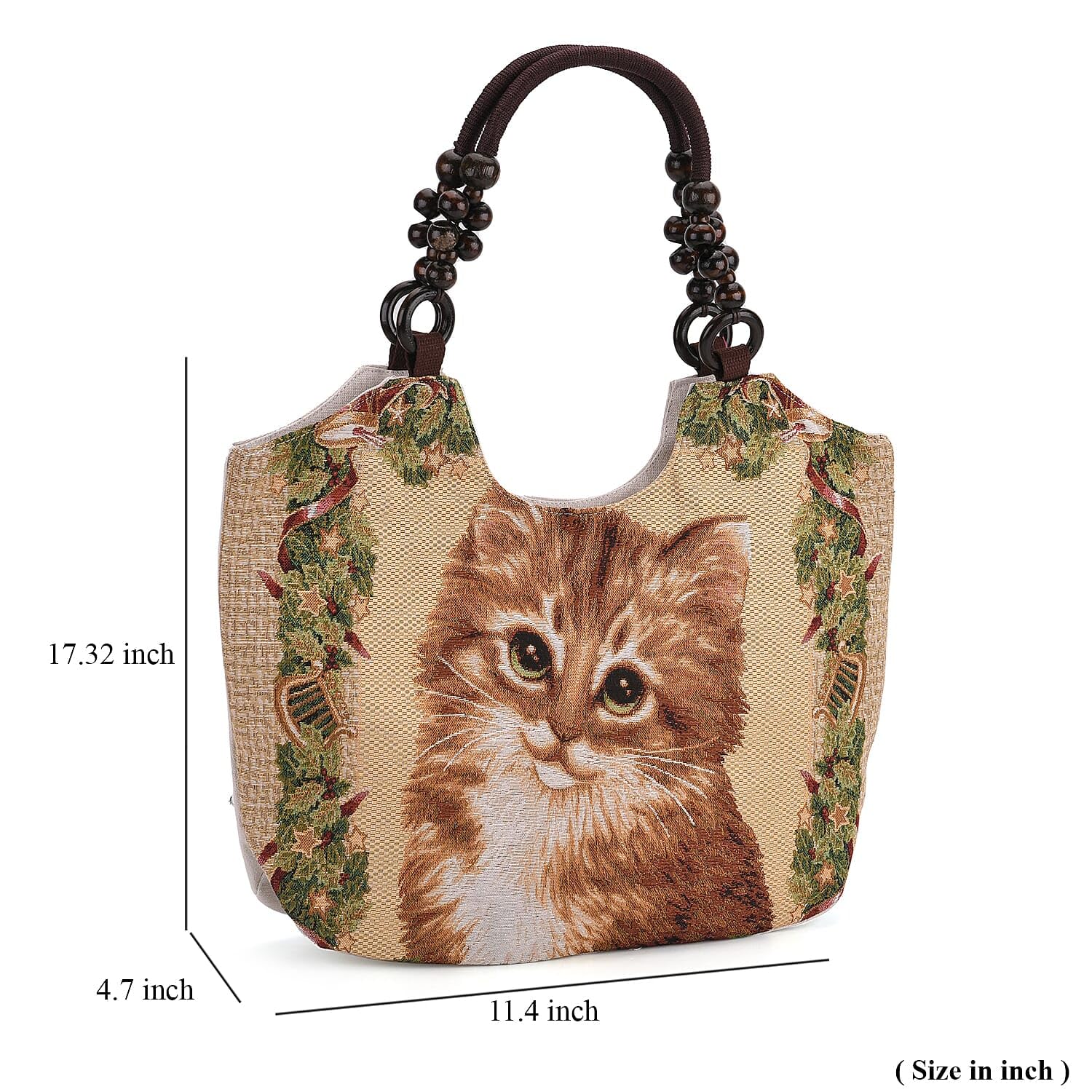 TAMSY Cat Pattern Tote Bag with Wooden Beads Handle - Image 4