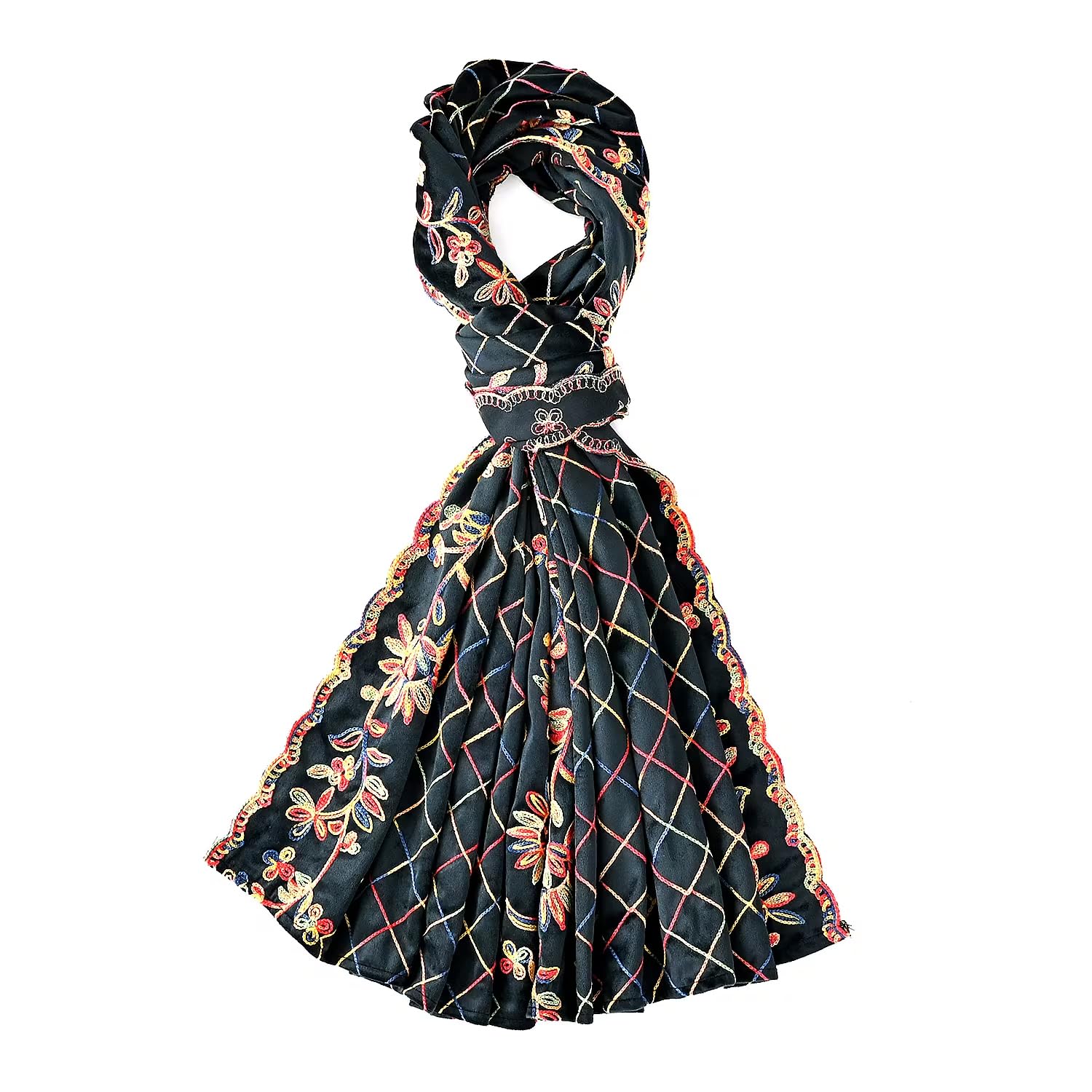 TAMSY Dark Green Floral Embroidered Polyester Scarf - One Size