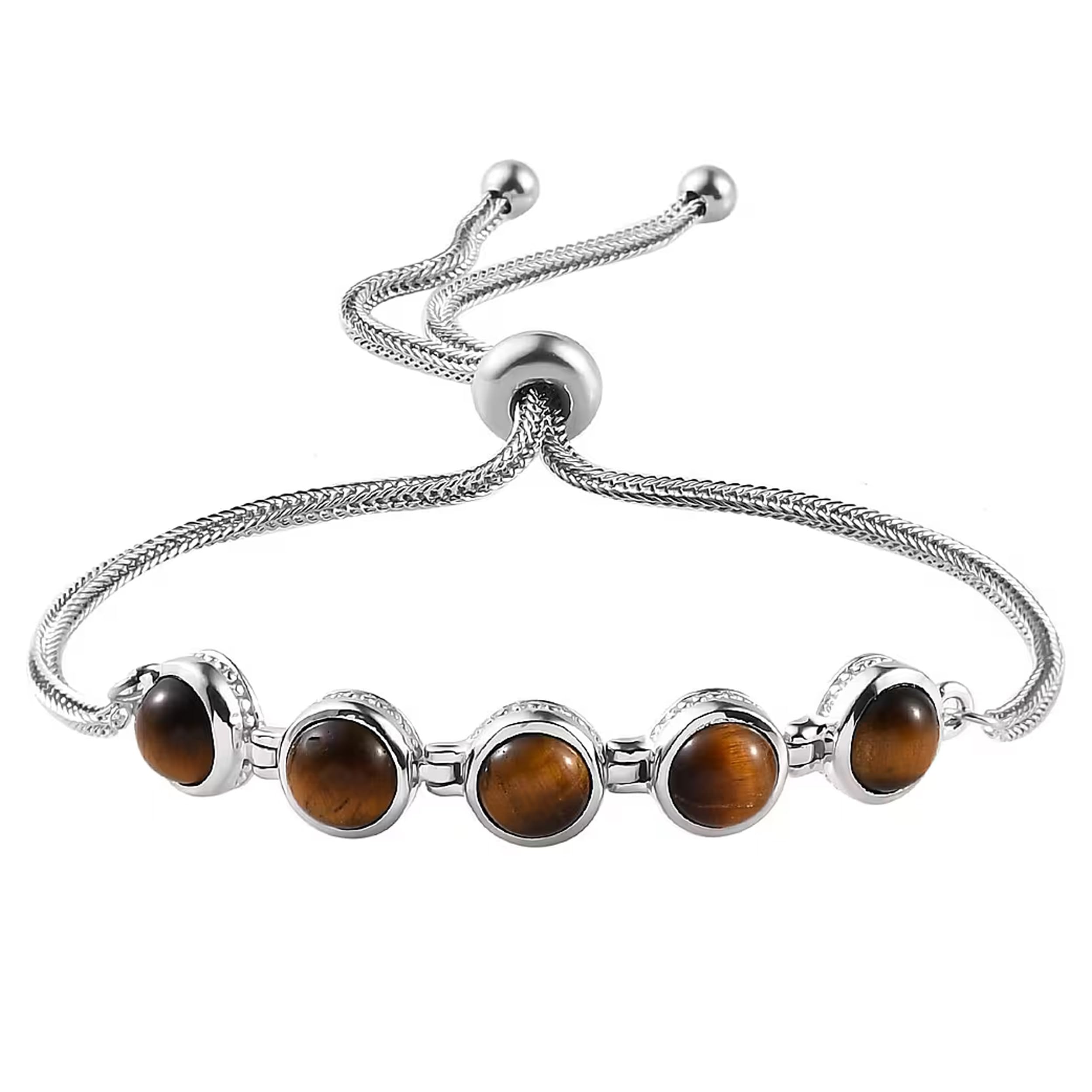 Tigers Eye Bracelet - Beaded Bracelets for Women Platinum Plated Bolo Bracelets - Adjustable Charm Bracelet Stretchable Ball Slider Gemstone Costume Jewelry - 9.50 " Christmas Gifts