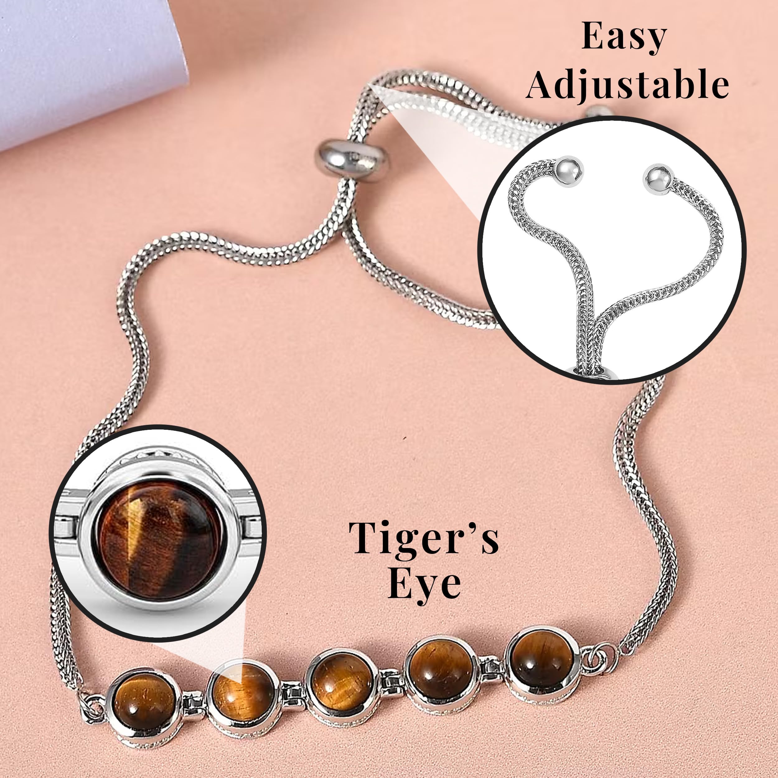 Tigers Eye Bracelet - Beaded Bracelets for Women Platinum Plated Bolo Bracelets - Adjustable Charm Bracelet Stretchable Ball Slider Gemstone Costume Jewelry - 9.50 " Christmas Gifts - Image 3