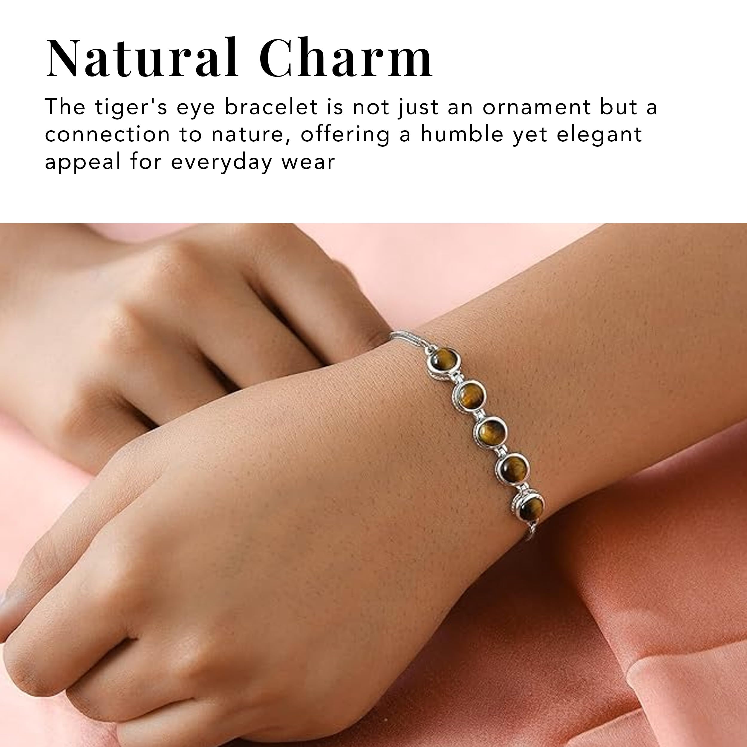 Tigers Eye Bracelet - Beaded Bracelets for Women Platinum Plated Bolo Bracelets - Adjustable Charm Bracelet Stretchable Ball Slider Gemstone Costume Jewelry - 9.50 " Christmas Gifts - Image 5