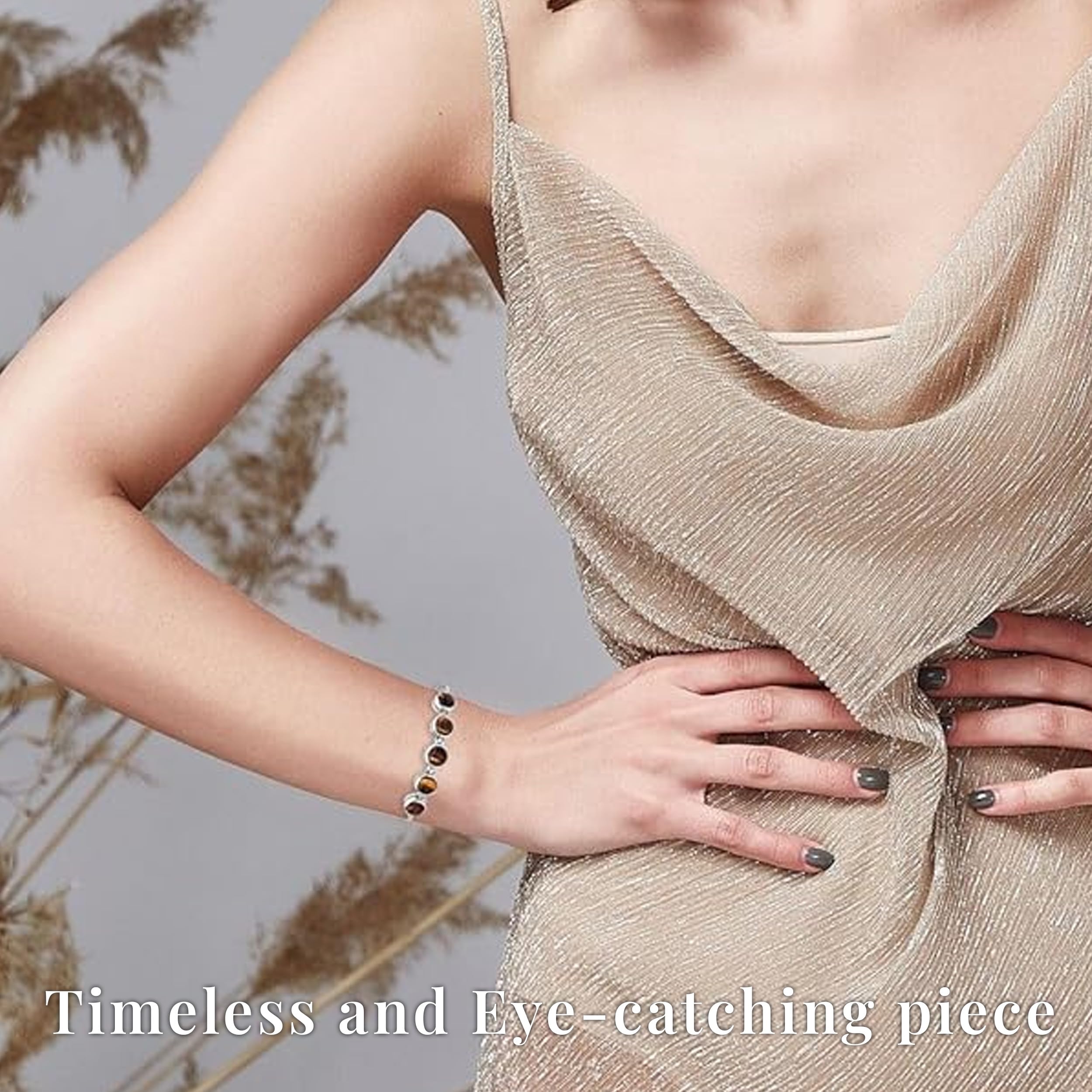 Tigers Eye Bracelet - Beaded Bracelets for Women Platinum Plated Bolo Bracelets - Adjustable Charm Bracelet Stretchable Ball Slider Gemstone Costume Jewelry - 9.50 " Christmas Gifts - Image 6