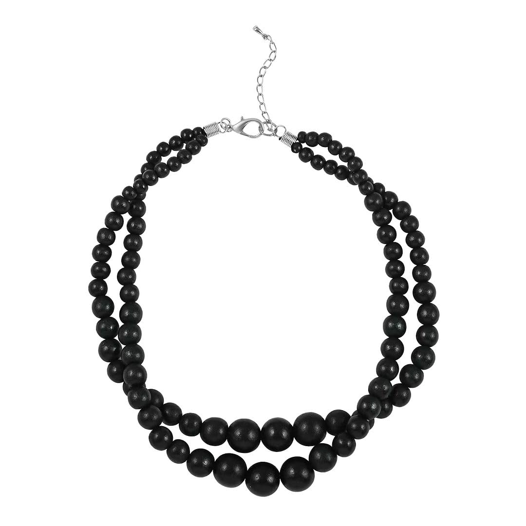 Wood Mix Stainless Steel Double Row Beaded Necklace for Women Jewelry Size 18" - Shiny Durable Beads Statement Engagement Necklaces Her - Wedding Anniversary Birthday Christmas Gifts for Women