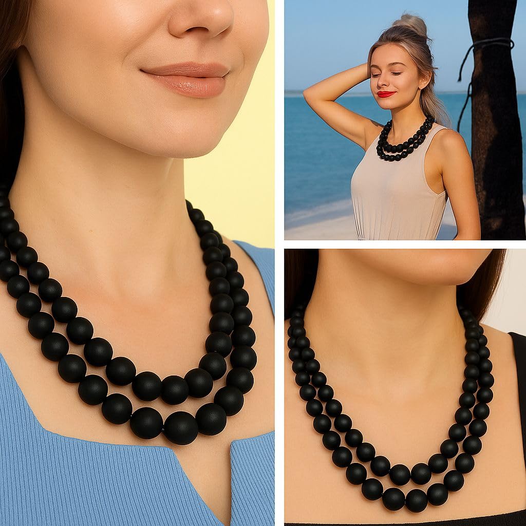 Wood Mix Stainless Steel Double Row Beaded Necklace for Women Jewelry Size 18" - Shiny Durable Beads Statement Engagement Necklaces Her - Wedding Anniversary Birthday Christmas Gifts for Women - Image 2