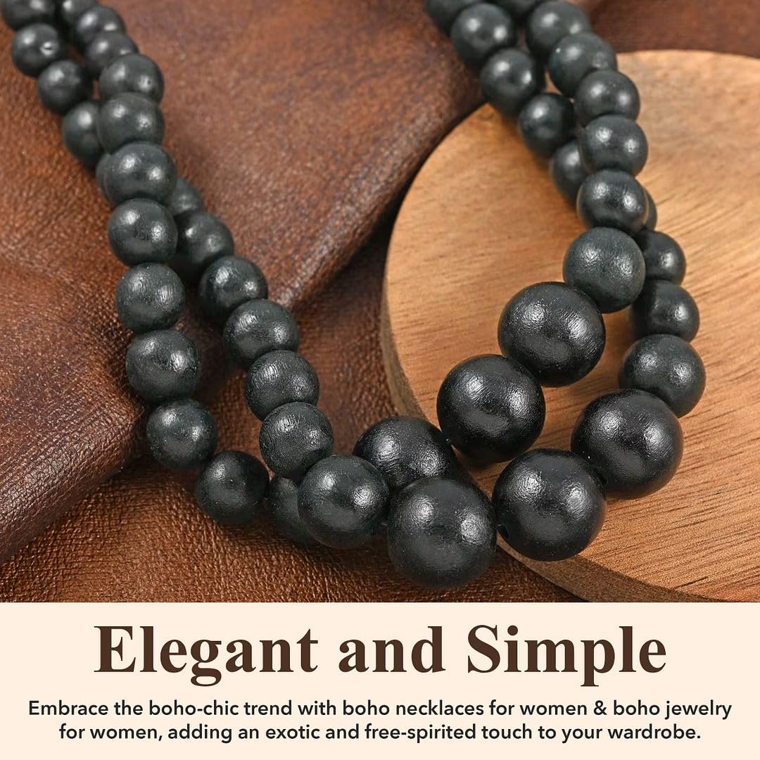 Wood Mix Stainless Steel Double Row Beaded Necklace for Women Jewelry Size 18" - Shiny Durable Beads Statement Engagement Necklaces Her - Wedding Anniversary Birthday Christmas Gifts for Women - Image 3