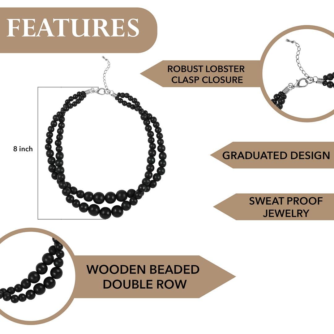 Wood Mix Stainless Steel Double Row Beaded Necklace for Women Jewelry Size 18" - Shiny Durable Beads Statement Engagement Necklaces Her - Wedding Anniversary Birthday Christmas Gifts for Women - Image 4