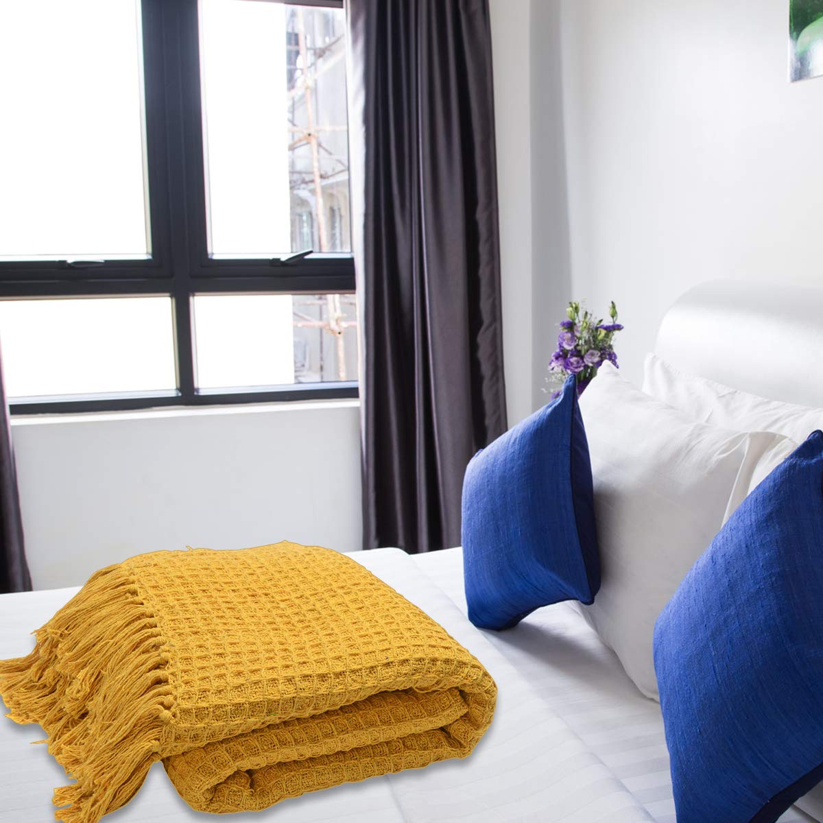 Yellow Mustard Honeycomb Pattern Blanket Cotton Throw Blanket Super Soft for Couch Bedroom Size 70"X55" Birthday - Image 7