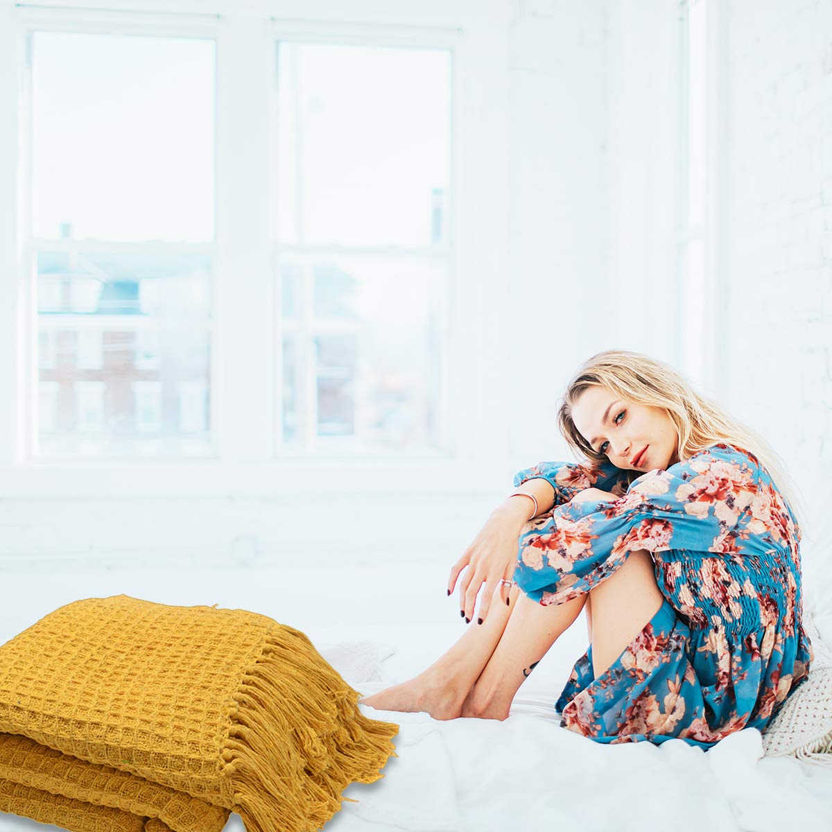 Yellow Mustard Honeycomb Pattern Blanket Cotton Throw Blanket Super Soft for Couch Bedroom Size 70"X55" Birthday - Image 8